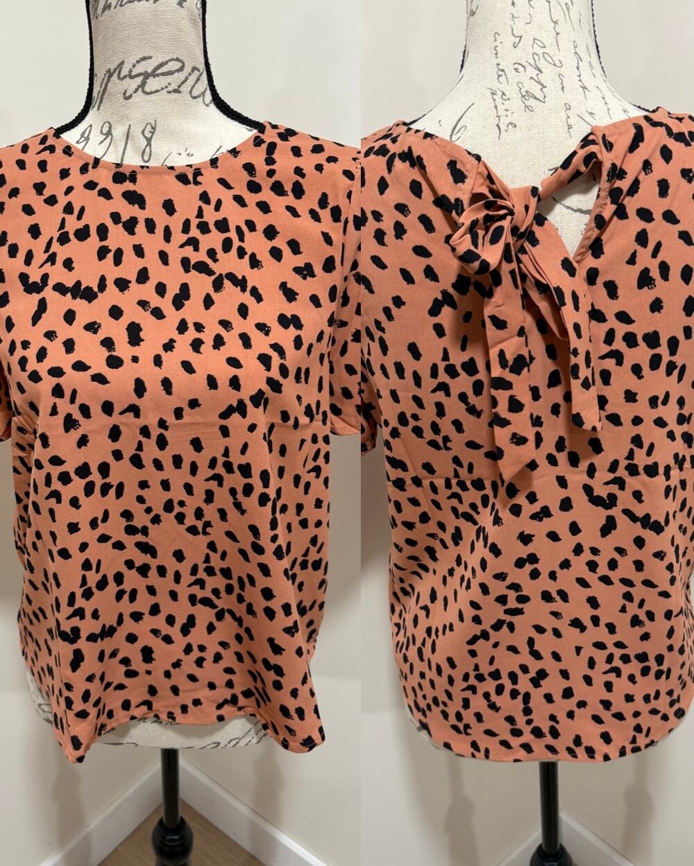 PaperMoon XS Petite Leopard Print Bow Blouse